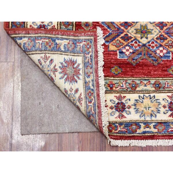 3'x11' Rich Red Hand Knotted, Extra Soft Wool, Afghan Super Kazak with Geometric Medallions, Natural Dyes Runner Oriental Rug  - 72908 - Image 3