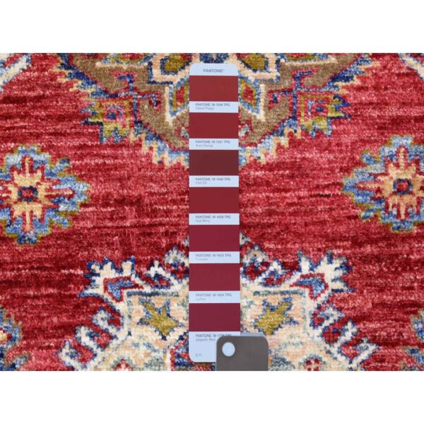 3'x11' Rich Red Hand Knotted, Extra Soft Wool, Afghan Super Kazak with Geometric Medallions, Natural Dyes Runner Oriental Rug  - 72908 - Image 4