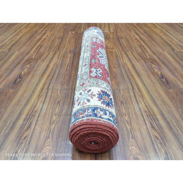 3'x11' Rich Red Hand Knotted, Extra Soft Wool, Afghan Super Kazak with Geometric Medallions, Natural Dyes Runner Oriental Rug  - 72908 - Image 5