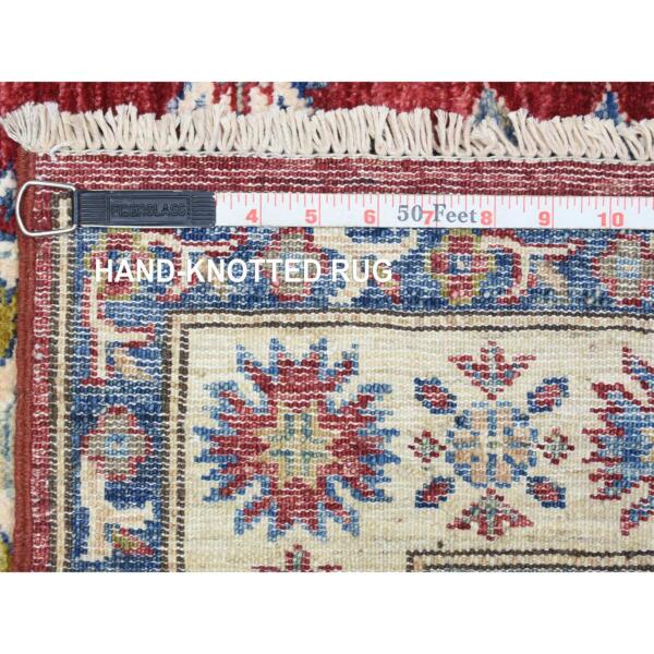 3'x11' Rich Red Hand Knotted, Extra Soft Wool, Afghan Super Kazak with Geometric Medallions, Natural Dyes Runner Oriental Rug  - 72908 - Image 7