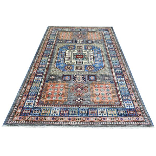 5'7"x8'5" Light Gray Afghan Super Kazak with Tribal Medallions Natural Dyes, Densely Woven Pure Wool Hand Knotted, Oriental Rug  - 72909