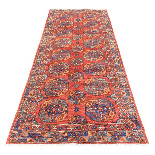 4'4"x9'5" Prismatic Legacy Red, Hand Knotted Afghan Ersari with Elephant Feet Design, Soft and Lush Pile Vegetable Dyes, 100% Natural Wool, Wide Runner Oriental Rug  - 73015