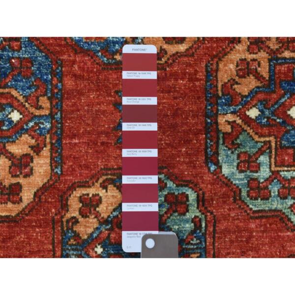 4'4"x9'5" Prismatic Legacy Red, Hand Knotted Afghan Ersari with Elephant Feet Design, Soft and Lush Pile Vegetable Dyes, 100% Natural Wool, Wide Runner Oriental Rug  - 73015 - Image 4