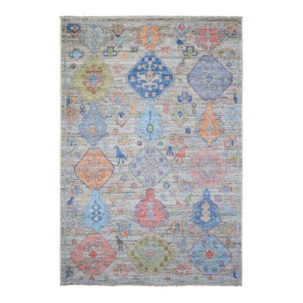 6'2"x9' Taupe, Vegetable Dyes Soft and Shiny Wool, Hand Knotted Anatolian Village Inspired Geometric Medallions with Animal Figurines, Oriental Rug  - 73099