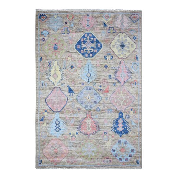 6'1"x9' Silver Gray, Hand Knotted Anatolian Village Inspired Geometric Medallions with Animal Figurines, Vegetable Dyes Pure Wool, Oriental Rug  - 73101