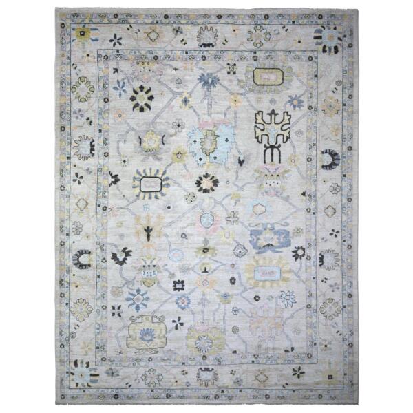 11'10"x15'3" Medium Gray, Afghan Angora Oushak with All Over Pattern, Natural Dyes, Soft Wool, Hand Knotted, Oversized Oriental Rug  - 73914