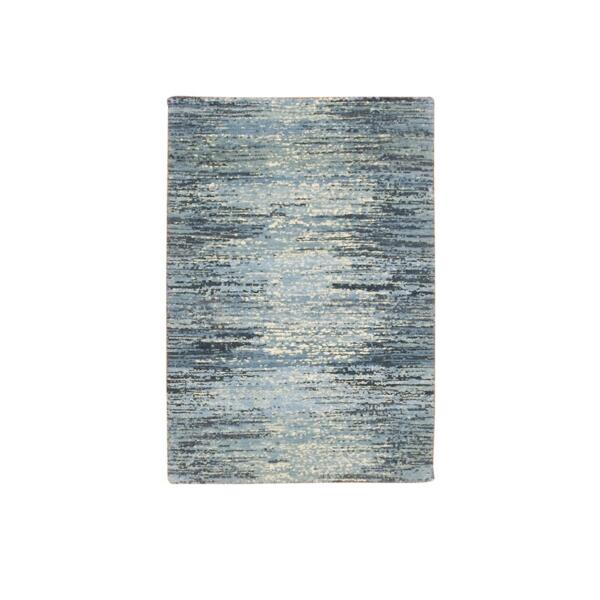 2'x3' Blue with Touches of Ivory Only Striae Design Hand Knotted Pure Wool Oriental Mat Rug  - 75124