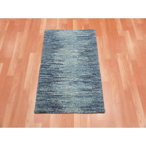 2'x3' Blue with Touches of Ivory Only Striae Design Hand Knotted Pure Wool Oriental Mat Rug  - 75124 - Image 3