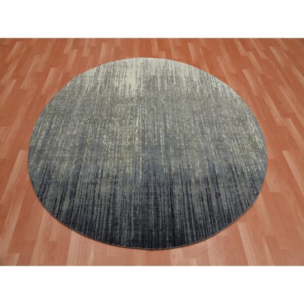 6'x6' Gray and Black Densely Woven Hand Knotted Modern Ombre Design Pure Wool Round Oriental Rug  - 75148 - Image 3