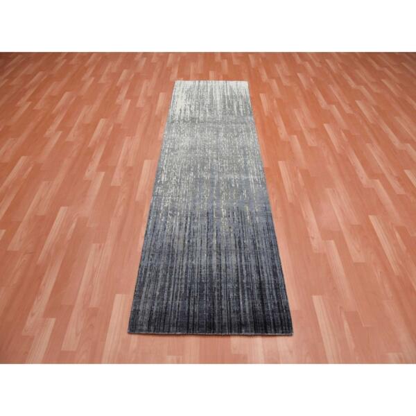 2'6"x8' Gray and Black, Hand Knotted Modern Ombre Design, Densely Woven Pure Wool, Runner Oriental Rug  - 75157 - Image 3