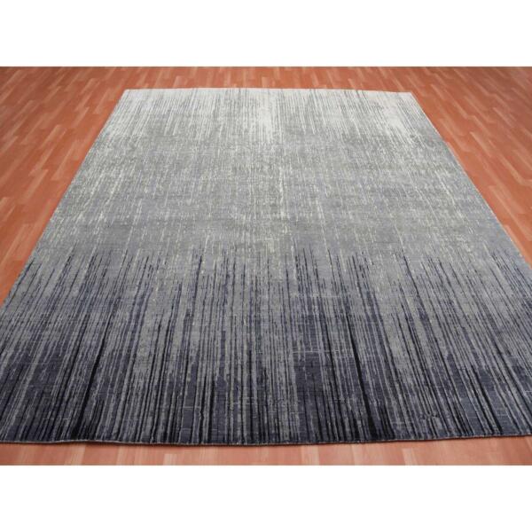 10'5"x10'5" Gray and Black, Pure Wool Hand Knotted, Modern Ombre Design Densely Woven, Square Oriental Rug  - 75159 - Image 3