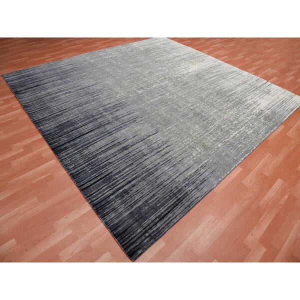 10'5"x10'5" Gray and Black, Pure Wool Hand Knotted, Modern Ombre Design Densely Woven, Square Oriental Rug  - 75159 - Image 4