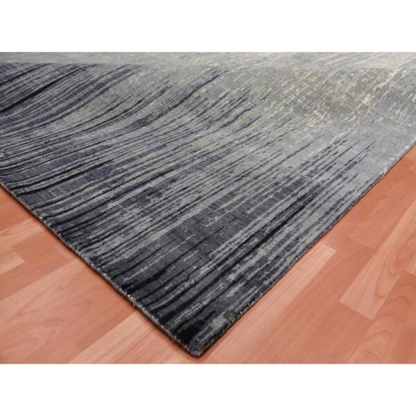 10'5"x10'5" Gray and Black, Pure Wool Hand Knotted, Modern Ombre Design Densely Woven, Square Oriental Rug  - 75159 - Image 7