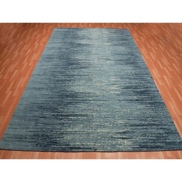 10'1"x14'1" Blue with Touches of Ivory Striae Design, Hand Knotted Pure Wool, Oriental Rug  - 75249 - Image 4