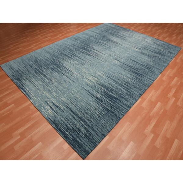 10'1"x14'1" Blue with Touches of Ivory Striae Design, Hand Knotted Pure Wool, Oriental Rug  - 75249 - Image 5