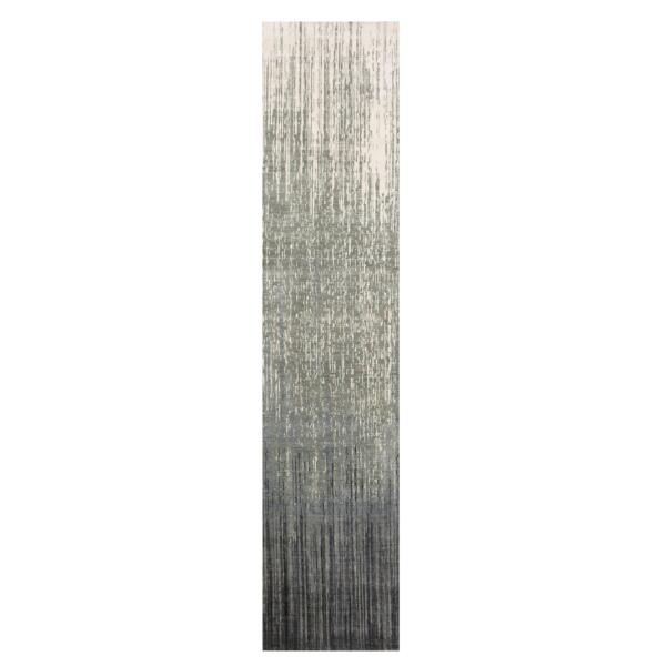 2'6"x12'6" Gray and Black, Modern Ombre Design Densely Woven, Soft Wool Hand Knotted, Runner Oriental Rug  - 75260