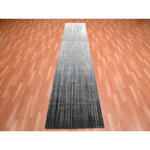 2'6"x12'6" Gray and Black, Modern Ombre Design Densely Woven, Soft Wool Hand Knotted, Runner Oriental Rug  - 75260 - Image 3