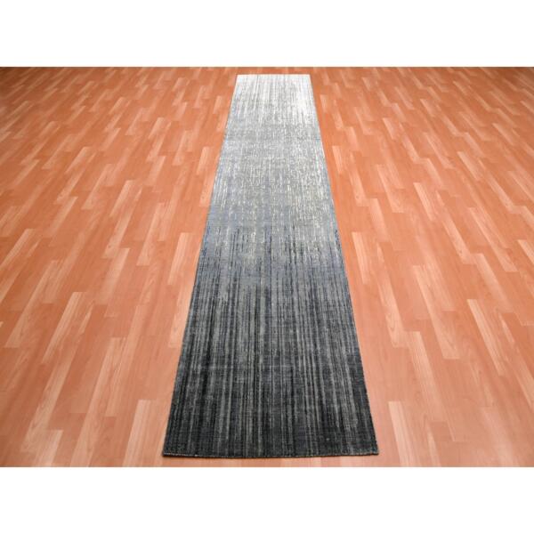 2'6"x12'6" Gray and Black, Modern Ombre Design Densely Woven, Hand Knotted, Extra Soft Wool Runner Oriental Rug  - 75263 - Image 3