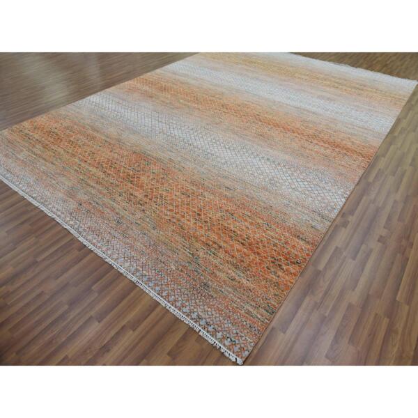 9'10"x13'10" Orange, Hand Knotted Modern Chiaroscuro Collection, Thick and Plush Pure Wool, Oriental Rug  - 79168 - Image 4