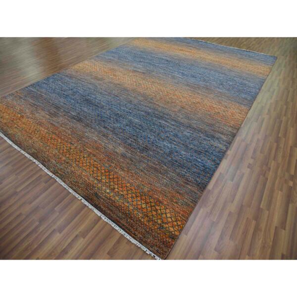 10'x14'5" Orange, Thick and Plush Pure Wool Hand Knotted, Modern Chiaroscuro Collection, Oriental Rug  - 79171 - Image 5