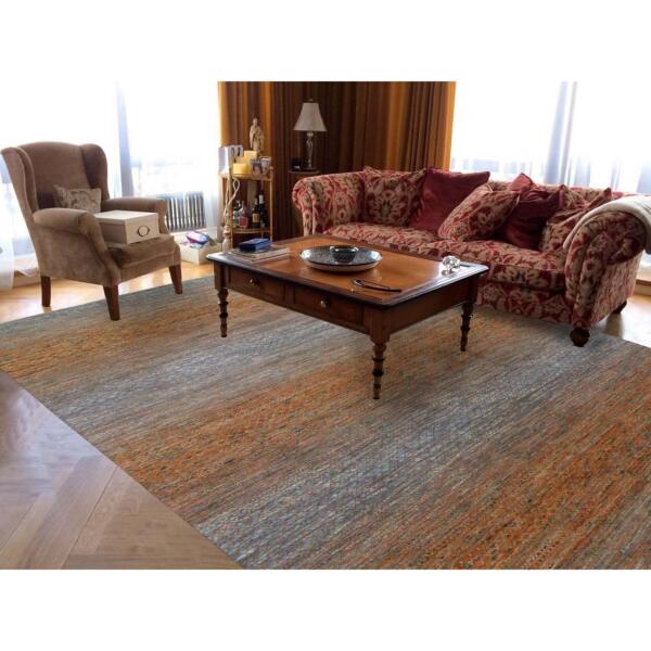 9'10"x14' Orange, Pure Wool Hand Knotted, Modern Chiaroscuro Collection Thick and Plush, Oriental Rug  - 79177 - Image 3