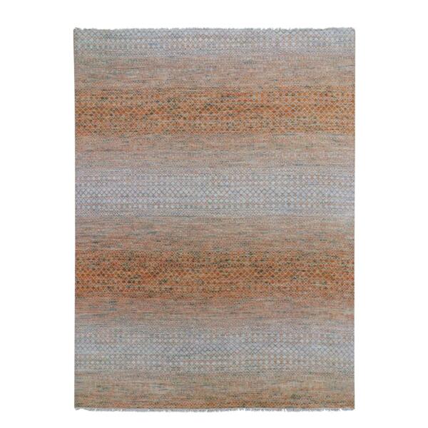 9'x12'2" Orange, Thick and Plush Pure Wool Hand Knotted, Modern Chiaroscuro Collection, Oriental Rug  - 79234