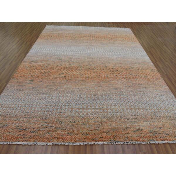 9'x12'2" Orange, Thick and Plush Pure Wool Hand Knotted, Modern Chiaroscuro Collection, Oriental Rug  - 79234 - Image 3