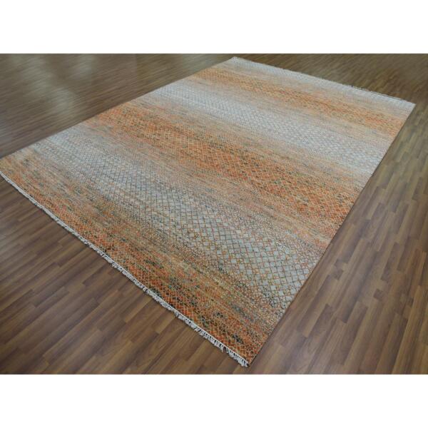 9'x12'2" Orange, Thick and Plush Pure Wool Hand Knotted, Modern Chiaroscuro Collection, Oriental Rug  - 79234 - Image 4