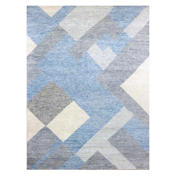 9'x12'1" Little Boy Blue, Geometric Art Deco Collection Soft Pile, Organic Wool Hand Knotted, Oriental Rug  - 79292