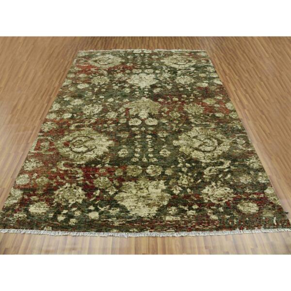 9'1"x11'10" Green with Pop of Red, Hand Knotted Mahal Design Open Field, Soft and Supple Pure Wool, Oriental Rug  - 79303 - Image 3