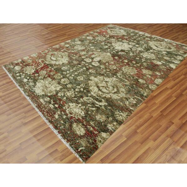 9'1"x11'10" Green with Pop of Red, Hand Knotted Mahal Design Open Field, Soft and Supple Pure Wool, Oriental Rug  - 79303 - Image 4