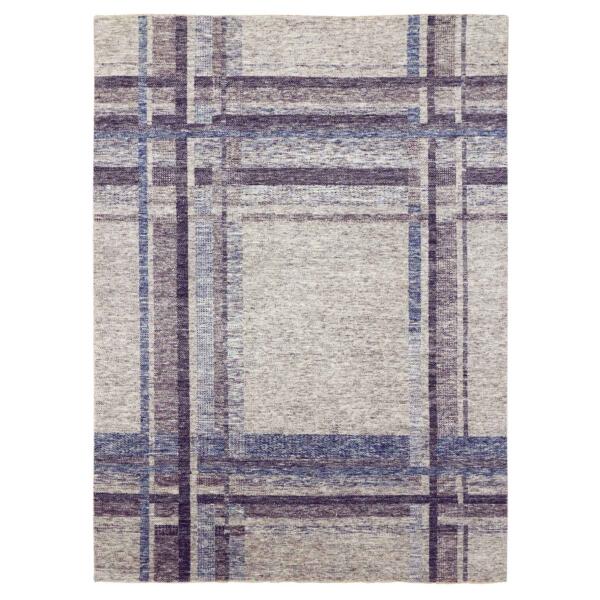 9'x12'1" Cloud Gray, Geometric Opened Up Plaid Design, 100% Wool Hand Knotted, Oriental Rug  - 79381