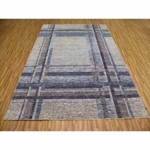 9'x12'1" Cloud Gray, Geometric Opened Up Plaid Design, 100% Wool Hand Knotted, Oriental Rug  - 79381 - Image 4