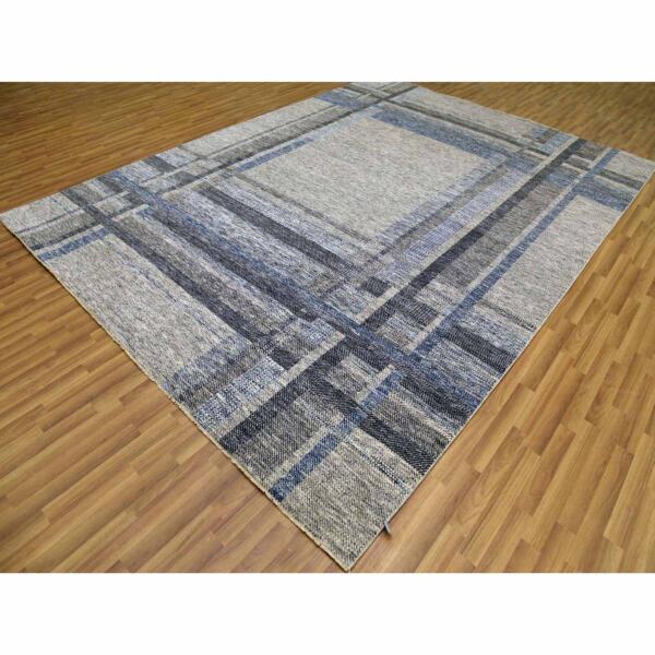 9'x12'1" Cloud Gray, Geometric Opened Up Plaid Design, 100% Wool Hand Knotted, Oriental Rug  - 79381 - Image 5