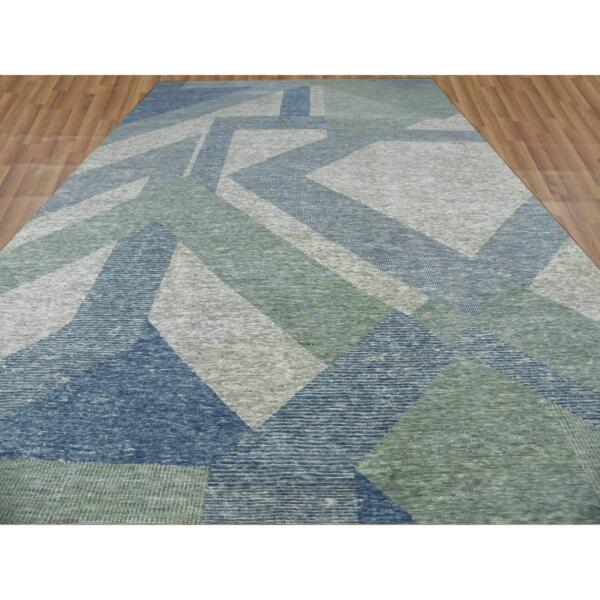 12'2"x18'3" Camouflage Green, Geometric Art Deco Collection, Natural Wool Hand Knotted, Oversized Oriental Rug  - 79414 - Image 3