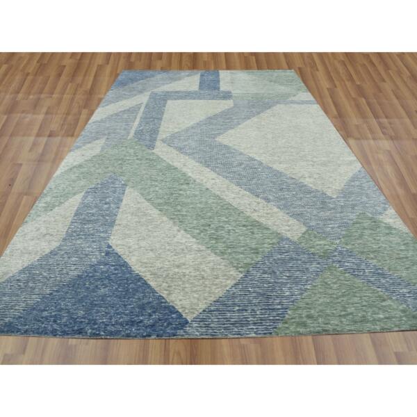 10'x14' Camouflage Green, 100% Wool Hand Knotted, Geometric Art Deco Collection, Oriental Rug  - 79416 - Image 3