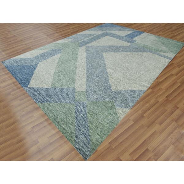 10'x14' Camouflage Green, 100% Wool Hand Knotted, Geometric Art Deco Collection, Oriental Rug  - 79416 - Image 4