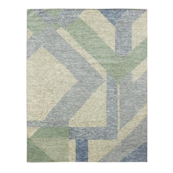 8'2"x10'4" Camouflage Green, Geometric Art Deco Collection, Soft Wool Hand Knotted, Oriental Rug  - 79418