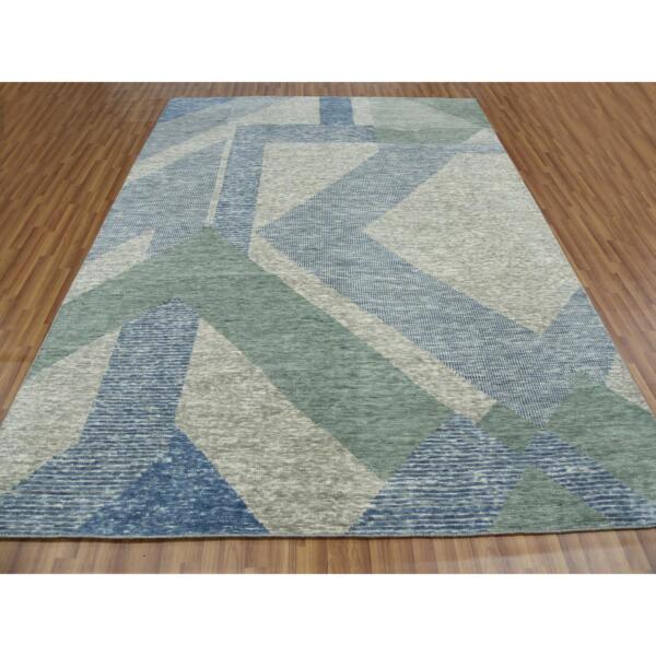 8'2"x10'4" Camouflage Green, Geometric Art Deco Collection, Soft Wool Hand Knotted, Oriental Rug  - 79418 - Image 4