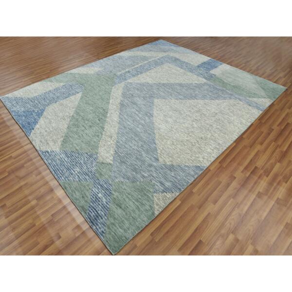 8'2"x10'4" Camouflage Green, Geometric Art Deco Collection, Soft Wool Hand Knotted, Oriental Rug  - 79418 - Image 5