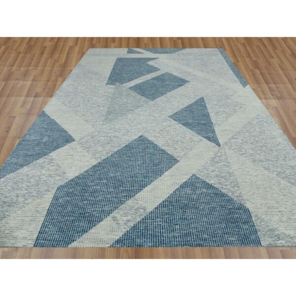 10'2"x14'2" Stone Blue, 100% Wool Hand Knotted, Geometric Art Deco Collection, Oriental Rug  - 79422 - Image 4