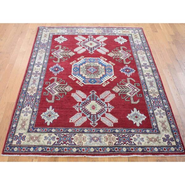 5'3"x7'1" Rich Red, Afghan Special Kazak with Geometric Design, Natural Dyes, Hand Knotted, Pure Wool Oriental Rug  - 80083 - Image 3