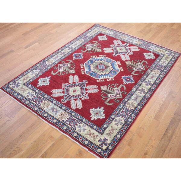 5'3"x7'1" Rich Red, Afghan Special Kazak with Geometric Design, Natural Dyes, Hand Knotted, Pure Wool Oriental Rug  - 80083 - Image 4