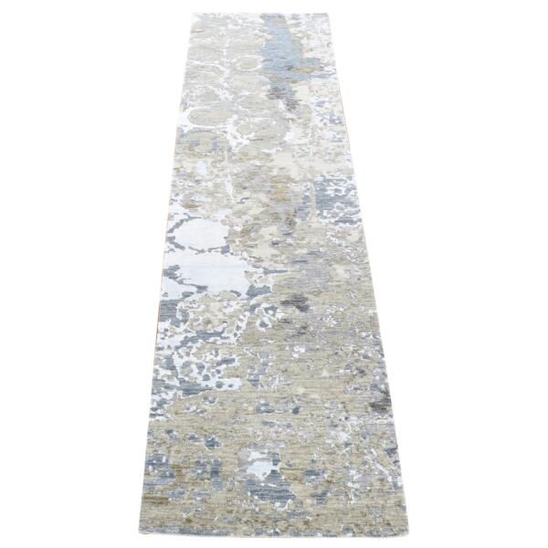 2'6"x10'6" Beige, Modern Abstract Design Denser Weave, Hand Knotted Pure Wool, Runner Oriental Rug  - 80202