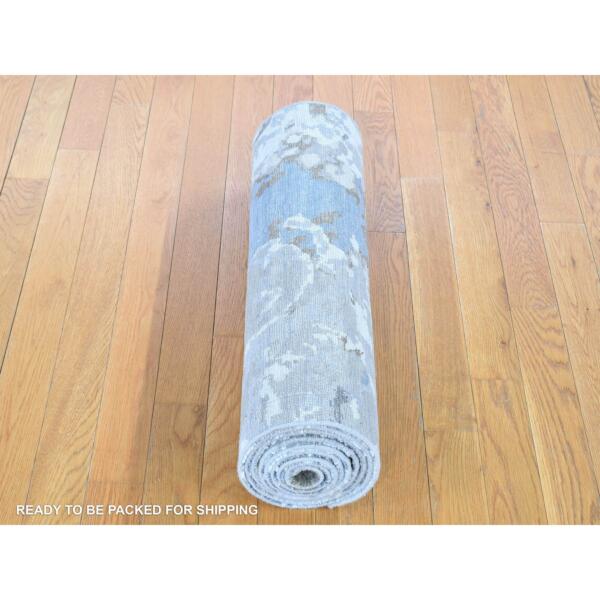 2'6"x10'6" Beige, Modern Abstract Design Denser Weave, Hand Knotted Pure Wool, Runner Oriental Rug  - 80202 - Image 7