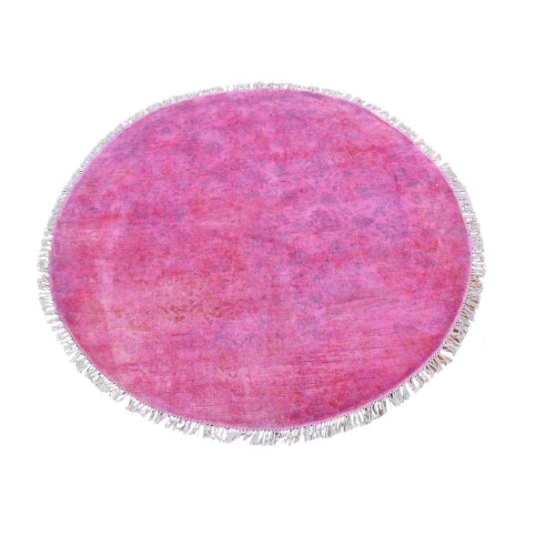 5'1"x5'1" Hot Pink Overdyed Tabriz with All Over Fish Design and Tassels Hand Knotted Pure Wool Round Oriental Rug  - 80273