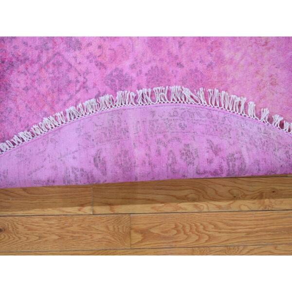 5'1"x5'1" Hot Pink Overdyed Tabriz with All Over Fish Design and Tassels Hand Knotted Pure Wool Round Oriental Rug  - 80273 - Image 3