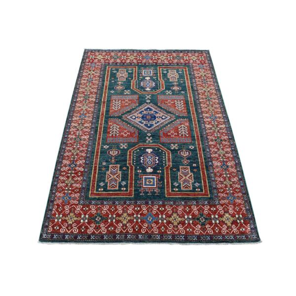 5'4"x7'9" Dark Green, Afghan Super Kazak with Geometric Caucasian Design, Hand Knotted Pure Wool Oriental Rug  - 80319