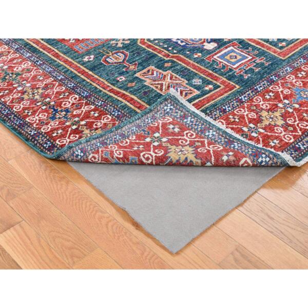 5'4"x7'9" Dark Green, Afghan Super Kazak with Geometric Caucasian Design, Hand Knotted Pure Wool Oriental Rug  - 80319 - Image 3