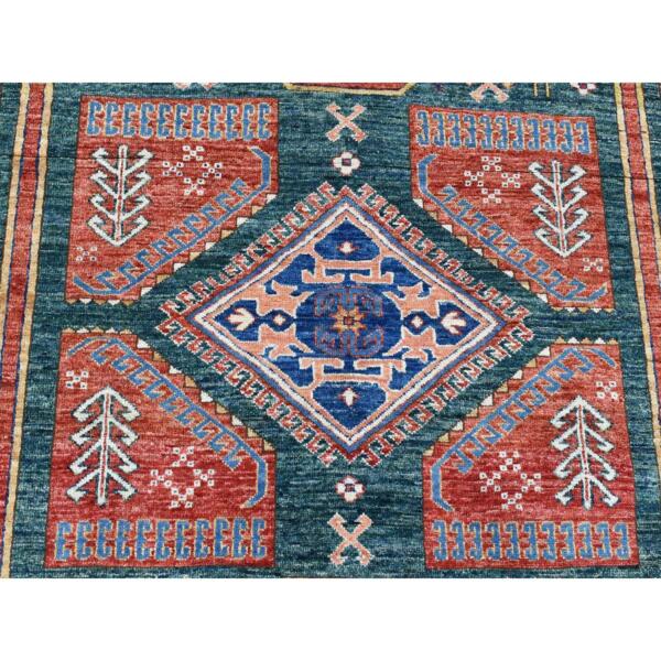 5'4"x7'9" Dark Green, Afghan Super Kazak with Geometric Caucasian Design, Hand Knotted Pure Wool Oriental Rug  - 80319 - Image 5